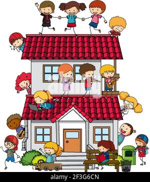 Many kids doing different activities around the house illustration Stock Vector