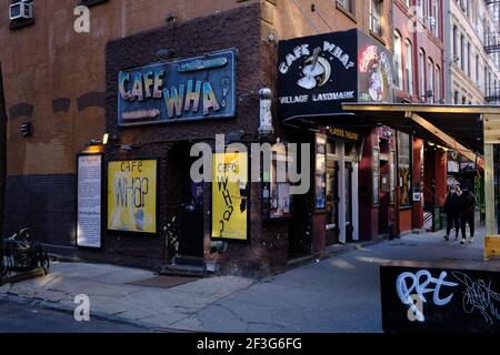 Cafe Wha? at the corner of Minetta Lane and MacDougal Street in Greenwich Village.New York City.USA Stock Photo