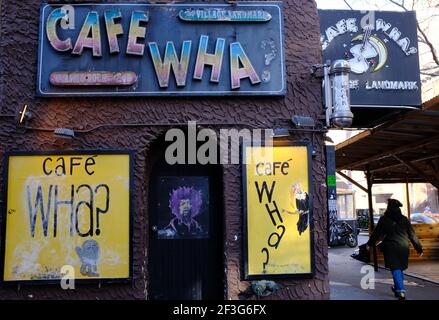 Cafe Wha? at the corner of Minetta Lane and MacDougal Street in Greenwich Village.New York City.USA Stock Photo