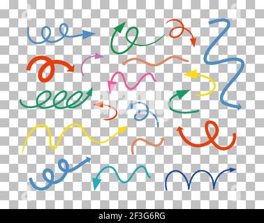 Different types of hand drawn curved arrows on transparent background illustration Stock Vector