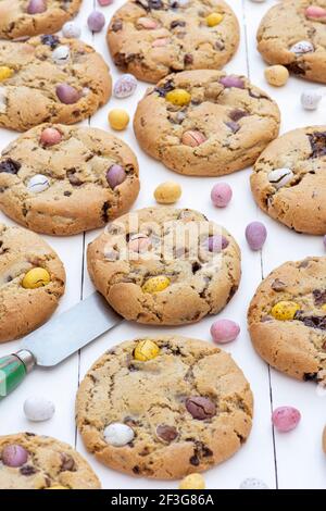 Homemade chocolate mini egg cookies Stock Photo