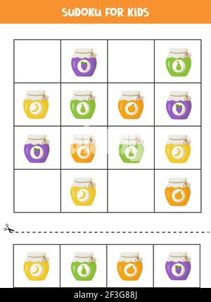 Sudoku for preschool kids. Logical game with colorful jam jars. Stock Vector