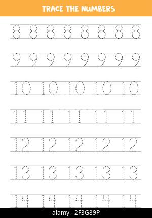 Trace numbers 8-14. Handwriting practice for preschool kids. Stock Vector
