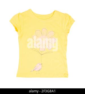 Yellow cotton t-shirt with flower and bird. Isolated on a white background. Stock Photo