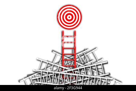 Think different and stand out from the crowd. ladder target concept. red ladder stand out from the rest in order to reach his goal or purpose. Stock Photo