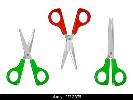 Set of red and green scissors. Icons for open and closed scissors. Bright objects in flat style. vector illustration. Stock Vector