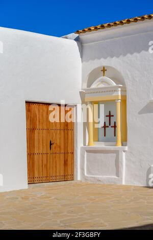 Ibiza, Spain - June 2, 2016: Church of Sant Miquel de Balansat on the island of Ibiza. With white lime walls, it is one of the maximum exponents of ty Stock Photo