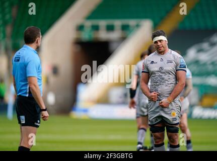 Sale Sharks flanker Jono Ross speaks with referee Matthew Carley during a Gallagher Premiership Round 13 Rugby Union match, Saturday, Mar. 13, 2021, i Stock Photo