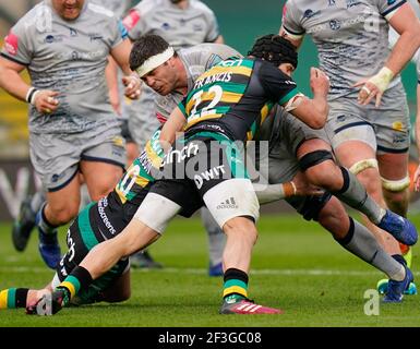 Sale Sharks flanker Jono Ross runs into Northampton Saints centre Piers Francis during a Gallagher Premiership Round 13 Rugby Union match, Saturday, M Stock Photo