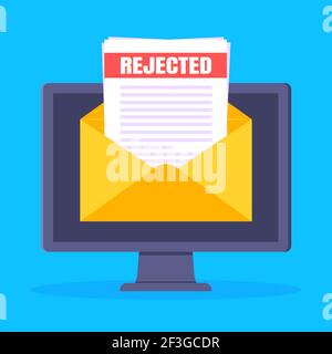 College or university reject letter with pc computer screen, open envelope document email. Job employment, college acceptance success or business emai Stock Vector