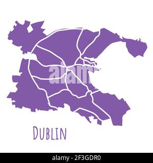 Dublin, Ireland map silhouette administrative division, purple vector isolated on white background. boundary map with streets. High detailed illustrat Stock Vector