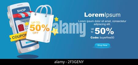 discount coupon banner. 3d smartphone with shop and shopping bag and up to 50% discount tag. mobile phone applicationmodern style flat vector illustra Stock Vector