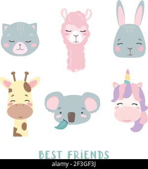 Set of vector animals in cartoon style. Cute smiley unicorn, bunny, llama, cat, giraffe and koala faces, isolated on white background with the signature Best friends. Delicate pastel colors for babies Stock Vector