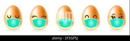 Happy Easter. Set of gold Easter eggs in medical face mask. Concept of Easter and coronavirus. Stock Vector