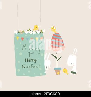Cartoon Easter illustration with rabbits and easter egg Stock Vector