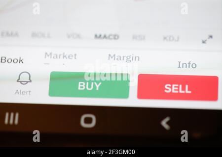 Bucharest, Romania - March 16, 2021: Details with the Sell and Buy buttons on a Bitcoin cryptocurrency exchange app. Stock Photo