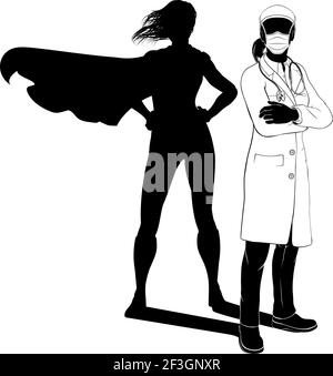 Doctor Woman PPE Mask Silhouette Super Hero Shadow Stock Vector