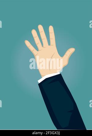Raised hand with open palm facing in front and slight glow in background. Vector cartoon illustration isolated on green background. Stock Vector