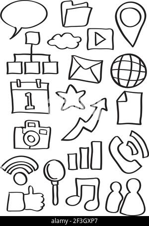 Vector illustration of internet icons in black outline doodle cartoon style isolated on white background. Stock Vector