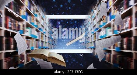Digitization process from books to ebooks. from paper to digital in a laptop Stock Photo