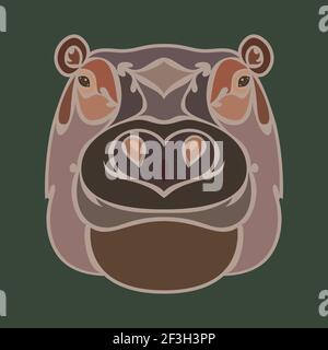 Hand-drawn abstract portrait of a hippo for tattoo, logo, wall decor, T-shirt print design or outwear. Colorful vector stylized illustration Stock Vector