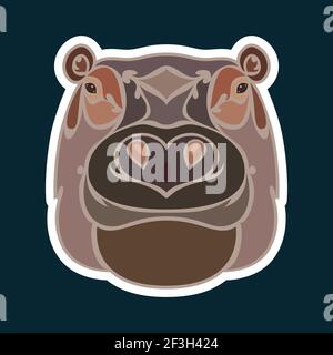 Hand-drawn abstract portrait of a hippo. Sticker. Colorful vector stylized illustration isolated on dark blue background. Stock Vector