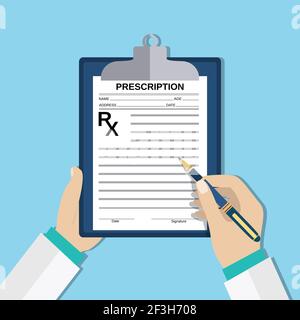 doctor hands with clipboard and pen, Rx form. Stock Vector