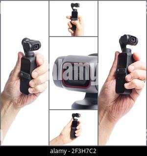Hand hold action camera isolated on white background.Collage. Stock Photo