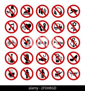 Set of red prohibition icons. Forbidden signs. Vector illustration. Stock Vector