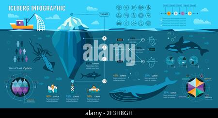 Iceberg and underwater infographics. Vector flat elements with polygonal  iceberg, graphics and icons. Stock Vector