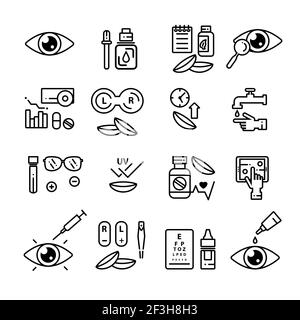 Set of vector contact lens and ophtalmology linear icons. Isolated outline  illustrations. Stock Vector