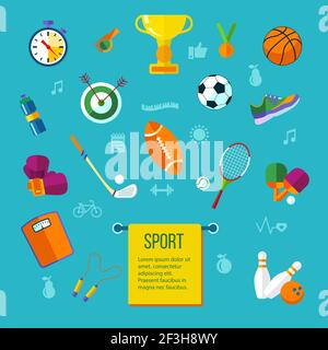 Vector flat sport elements with balls, rackets, reward. Flat illustration of sport Stock Vector
