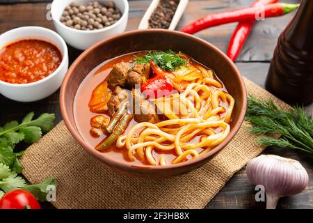 Lagman or Laghman is traditional Beef Soup Popular in Uzbekistan and Kazakhstan Stock Photo