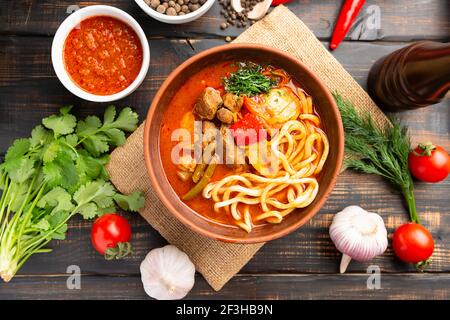 Lagman or Laghman is traditional Beef Soup Popular in Uzbekistan and Kazakhstan Stock Photo