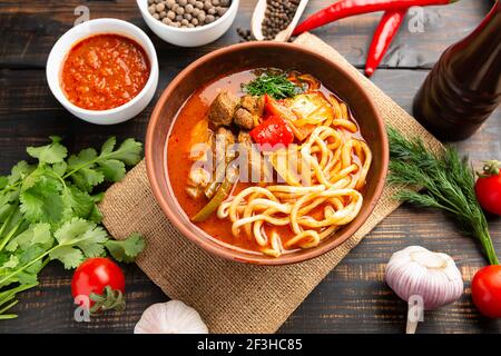 Lagman or Laghman is traditional Beef Soup Popular in Uzbekistan and Kazakhstan Stock Photo