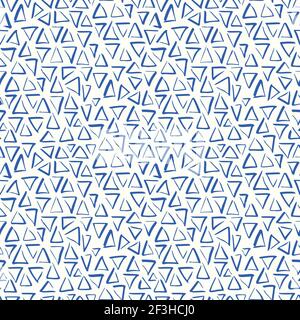 Playful Doodle Blue and White Geometric Vector Seamless Pattern with Hand-Drawn Brush Triangles Stock Vector