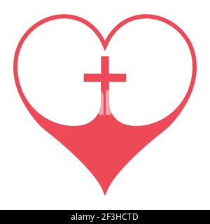 Christian cross in the heart symbol of faith in God, vector red heart with crucifix cross sign Christian Community Stock Vector