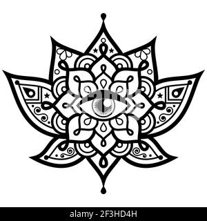 Lotus flower with evil eye mandala vector design - symbol of protection, yoga, zen, buddhism, mindfulness concept Stock Vector