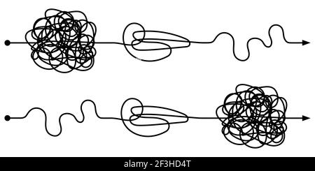 path of transition from complex to simple, vector simple and complex way of development, line of step by step process optimization, transition chaotic Stock Vector