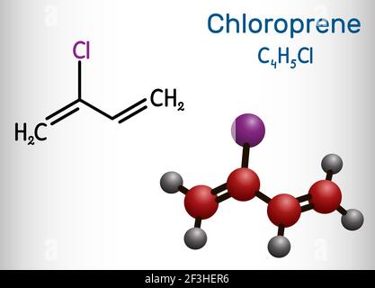 Chloroprene molecule. It is chloroolefin, used as monomer for polymer polychloroprene, a type of synthetic rubber, neoprene. Structural chemical formu Stock Vector