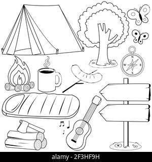 Camping objects and equipment collection. Black and white coloring page Stock Photo