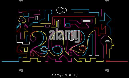 Numbers 2021 on black background in minimalistic style vector illustration. Stock Vector