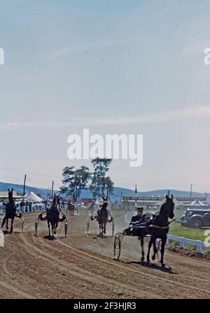 A harness race on the track at the Lycoming County Fair, Hughesville, Pennsylvania, USA c 1955. The speed of the racing means that everything in this image has movement blur. The Lycoming County Fair is an annual event held in the county. The fair began in 1870 when the Muncy Valley Farmer's Club decided to hold its first exhibition for people to exhibit their livestock, grains, fruits, vegetables, canned goods and handicrafts. This image is from an old American amateur Kodak colour transparency – a vintage 1950s photograph. Stock Photo