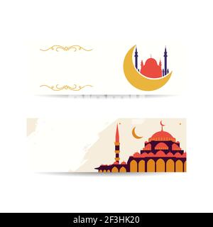 Illustration of Ramadan Kareem with mosque silhouette for Muslim community festival celebrations. sunset image. Horizontal banner set. islamic backgro Stock Vector