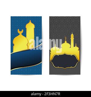 Ramadan Kareem greeting banners set design of vector mosque and lantern, crescent moon and twinkling star in night sky, calligraphy Arabian text for M Stock Vector