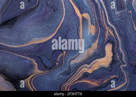 Abstract fluid art background navy blue and bronze colors. Liquid marble. Acrylic painting on canvas with golden lines and gradient. Alcohol ink backd Stock Photo