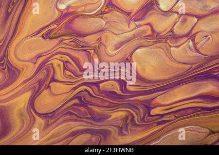 Abstract fluid art background dark purple and orange colors. Liquid marble. Acrylic painting on canvas with golden lines and gradient. Alcohol ink bac Stock Photo