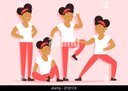 Illustrated black girl in different poses Vector illustration. Stock Vector