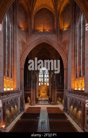 View along the nave towards the East End, Liverpool Cathedral, The Anglican Cathedral in Liverpool, Merseyside, England, UK | Architect: Giles Gilbert Stock Photo