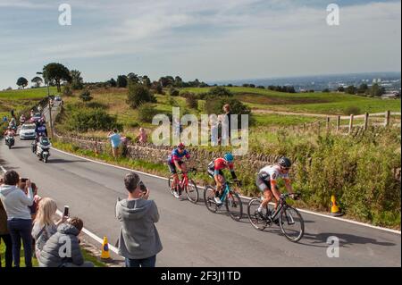 File photo dated 14-09-2019 of The leaders of the hill climb cycle across the top of Werneth Low Country Park during stage eight of the OVO Energy Tour of Britain from Altrincham to Manchester. Issue date: Wednesday March 17, 2021. Stock Photo